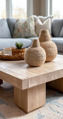Close Up of Natural Wood Coffee Table with Rope Vases and Basket