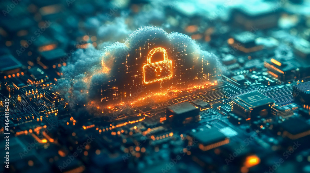 Aufkleber glowing cloud with a padlock is floating over a circuit board, representing the concept of cloud com