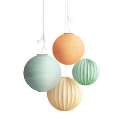 Four rounded paper lanterns in pastel shades of orange, green, and teal sway gently from the ceiling. Their soft, inviting colors create a cheerful and warm atmosphere for celebrations