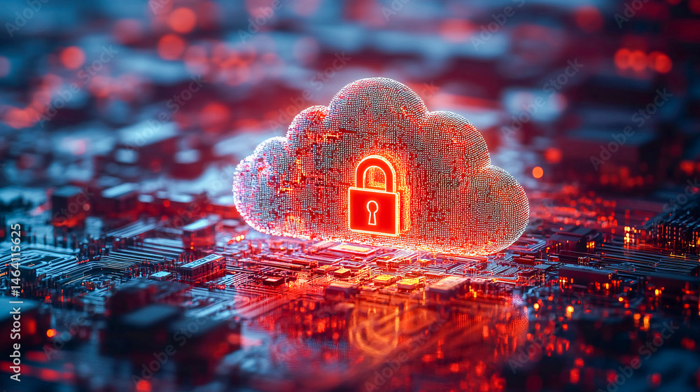 Aufkleber glowing cloud with a padlock is floating over a circuit board, representing the concept of cloud com