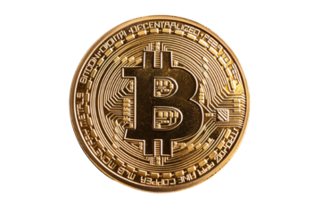 A detailed, close-up view of a Bitcoin coin, showcasing its intricate design and symbolism in the world of cryptocurrency.