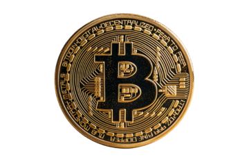 A detailed view of a Bitcoin coin, showcasing its intricate design and symbol. Ideal for cryptocurrency and finance themes.