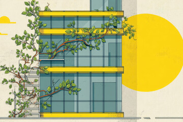 Illustration of vine growing on modern building facade, nature integrated