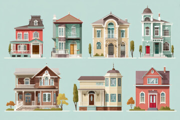 Fototapeta premium Illustration showing different architectural styles of classic houses, evoking sense of home