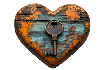 A rustic heart-shaped lock with a vintage key symbolizing love and secrets, perfect for artistic and romantic themes.