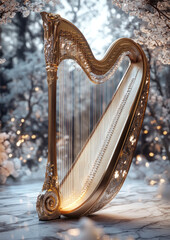 A celestial harp decorated with moonstone accents and star motifs for a mystical and otherworldly instrument design
