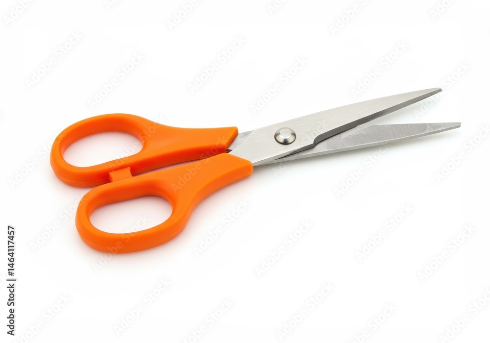 Poster open scissors with orange handles lying on a white surface, ready for cutting and crafting projects