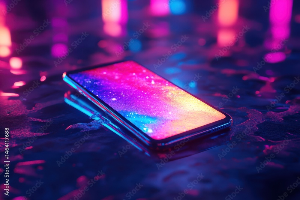 Poster a smartphone with a colorful screen is lying on a wet surface with neon lights in the background