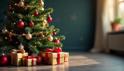 Ornament-decorated Christmas tree with presents, christmas eve, happy