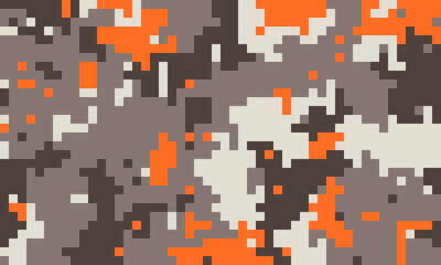 Abstract pixelated camouflage pattern in orange, gray, and brown.  Ideal for backgrounds, textiles, or digital designs.  Modern, geometric style with a sense of mystery and concealment.