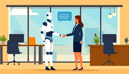 Businesswoman shaking hands with a robot in a modern office building showcasing AI partnership