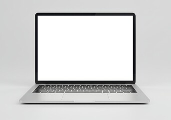 Silver laptop with a blank white screen displayed on a white surface, ready for content insertion