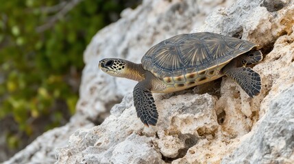 Sea turtle climbing rocky shore, ocean view