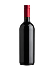 Full wine bottle with red capsule on transparent background