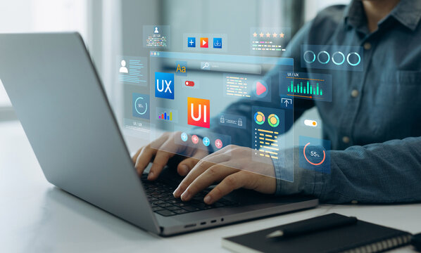 Holographic UI-UX, display icons of UX-UI designer, creative planning, data visualization. Web design, application design,coding develop.UX-UI design web and user design development.	