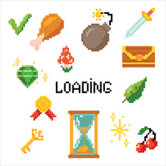 Set of objects. Pixel art. Game elements. Environment for Retro 8 bit icons for old school platformer video game. Vector illustration isolated on white background.
