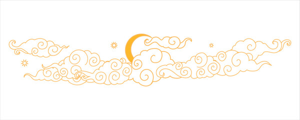 Tibetan sky. Asian cloud with moon, sun and stars. Japanese Korean Chinese cloud style. Asian traditional ornaments. Border pattern. Vector illustration