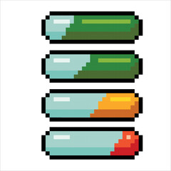 Health scale. Game elements. Retro 8 bit icons for old school platformer video game. Pixel art. Vector illustration isolated on white background.
