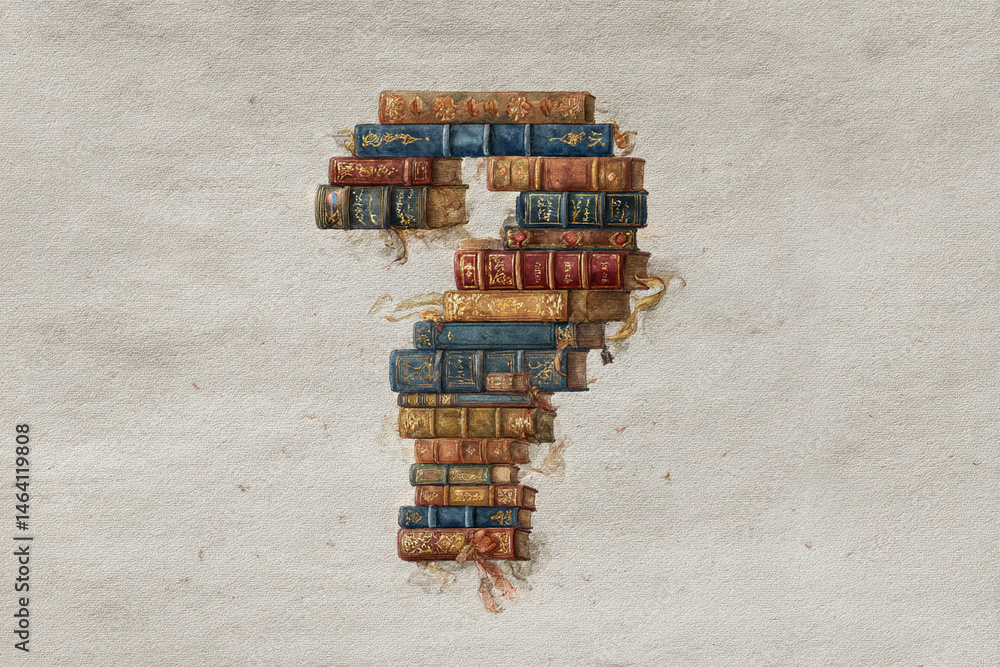 Poster stack of antique books forming a question mark on textured beige background, symbolizing knowledge, 