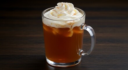A warm spiced apple cider topped with whipped cream and nutmeg
