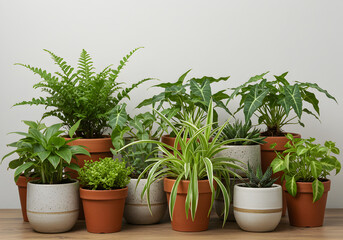 Variety Of Potted Plants In Terracotta And Ceramic Pots Photo