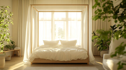 Light coming through the window in a modern bedroom with canopy bed
