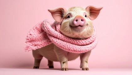 pink piggy with scarf on pink background