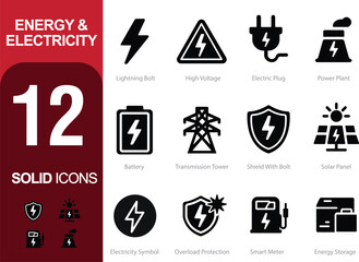 Energy & Electricity Icons &ndash; 12 Editable Solid Icons for Power, Electricity, and Energy Management | Vector Set in AI, EPS, SVG | Designed in Adobe Illustrator