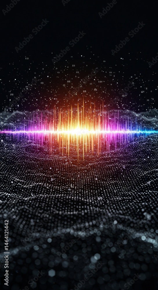 Poster vibrant audio spectrum visualization on black background with particles