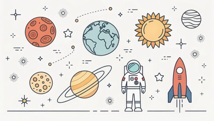 Fototapeta premium Astronaut in Space with Planets, Sun, and Rocket Illustrations