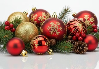 Festive christmas arrangement with red and gold ornaments, pine branches, and red berries on a white surface