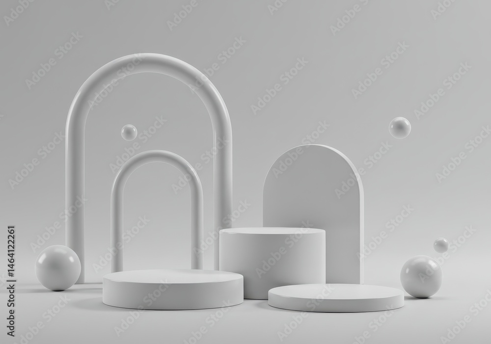 Poster minimalist white product display with geometric shapes and floating spheres for presentation or show