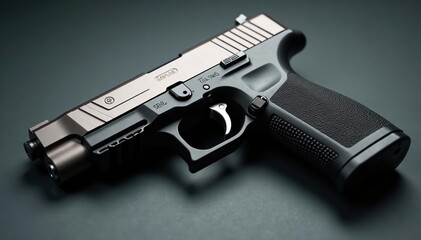 Close-up of a metallic handgun seized by law enforcement, on a neutral background, forensic science, dangerous