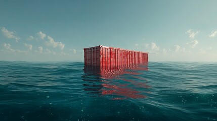 Red Shipping Container adrift in Ocean Waves under a Blue Sky