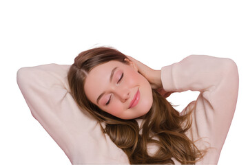 Fototapeta premium Beautiful young woman relaxed in soft pink sweater peaceful serene girl portrait studio shot calm on transparent background hair