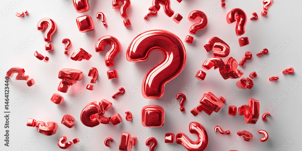 Poster Red glossy question marks scattered on white background, creating a dynamic visual representing uncertainty, inquiry, or the search for answers