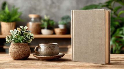 Blank hardcover book standing on a wooden surface with greenery in the background, perfect for custom designs and creative projects