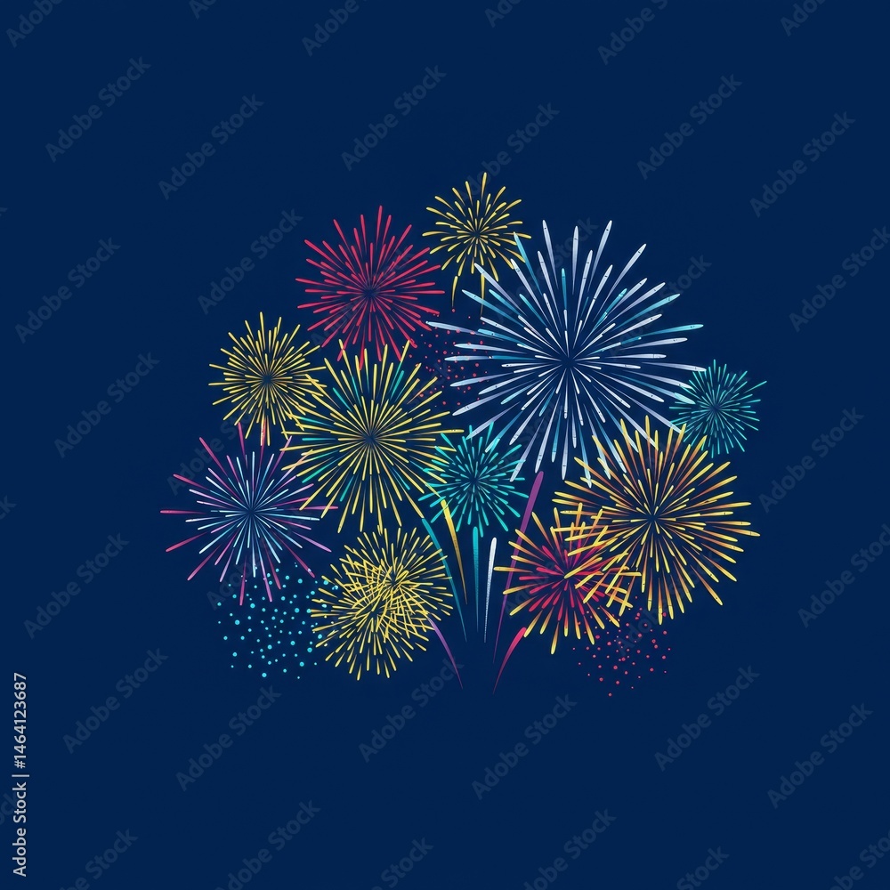 Poster vibrant multicolored fireworks display on deep blue background