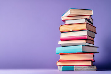 Fototapeta premium Tall stack of colorful books symbolizes learning, knowledge potential and inspiration