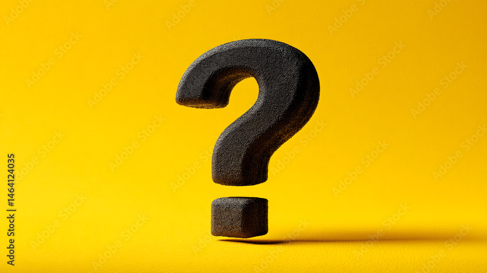 Poster Black textured question mark on yellow background, symbolizing inquiry, uncertainty, or a need for answers, suitable for various concepts