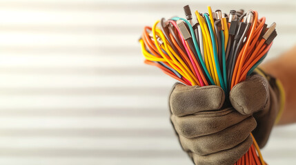 A person holds a bundle of colorful wires tightly in their gloved hand, showcasing the diversity of electrical connections.