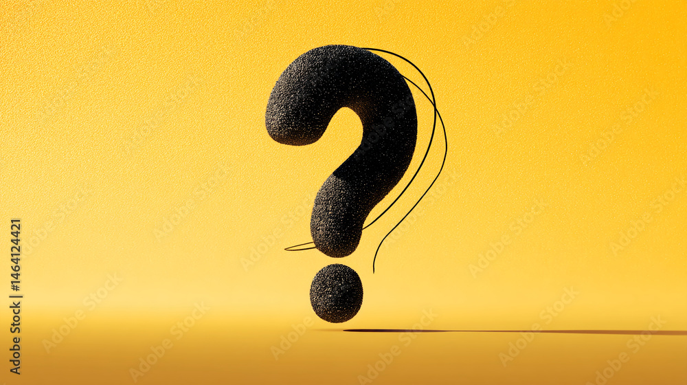 Poster black textured question mark on yellow background, abstract 3d render, symbolizing inquiry, uncertai