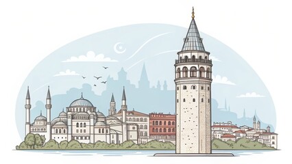 Obraz premium Detailed Illustration of Galata Tower and Istanbul Skyline in Daylight