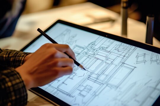 Diverse team of designers discussing blueprint using stylus on tablet screen