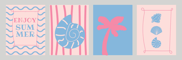 Summer abstract trendy poster set. Card pack with wavy, seashell, palm, frame doodle hand drawn. Summer vacation design for web design, print, decor. Vector illustration