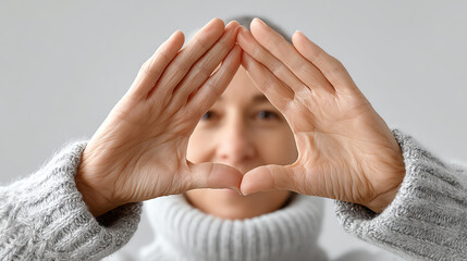 A woman creates a triangle shape with her hands, symbolizing focus and mindfulness in a serene environment.