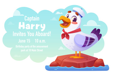 kids birthday invitation with funny seagull wearing red sailor tie