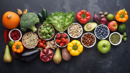 Healthy eating ingredients: fresh vegetables, fruits and superfood. Clean eating and detox. Nutrition, diet, vegan food.