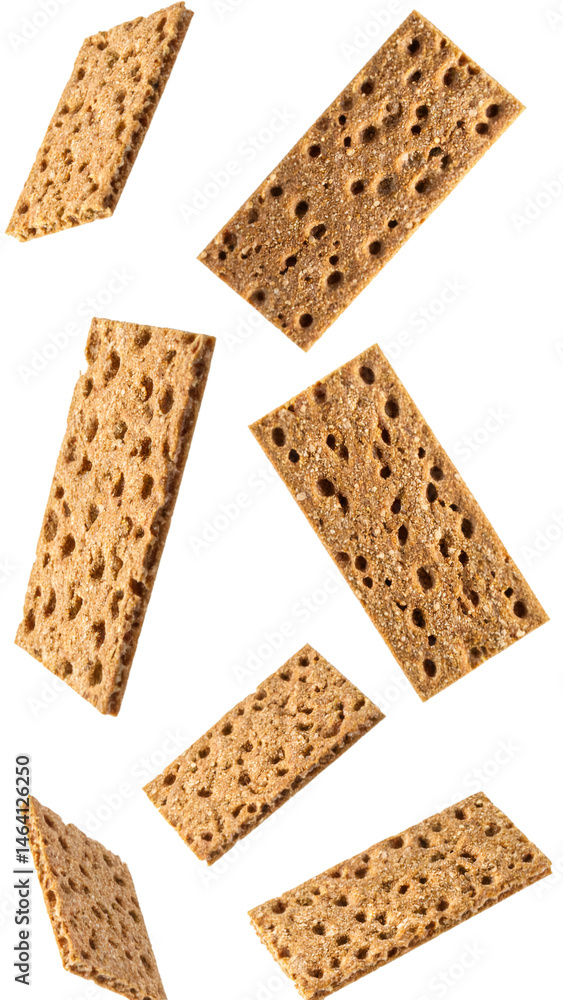 Poster multiple rye crispbread chunks floating on transparent background