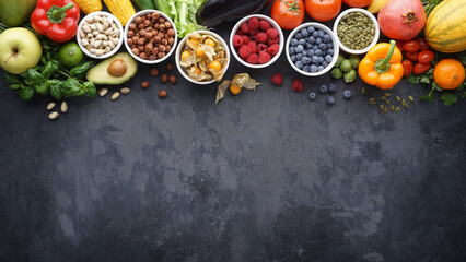 Healthy eating ingredients: fresh vegetables, fruits and superfood. Clean eating and detox. Nutrition, diet, vegan food.